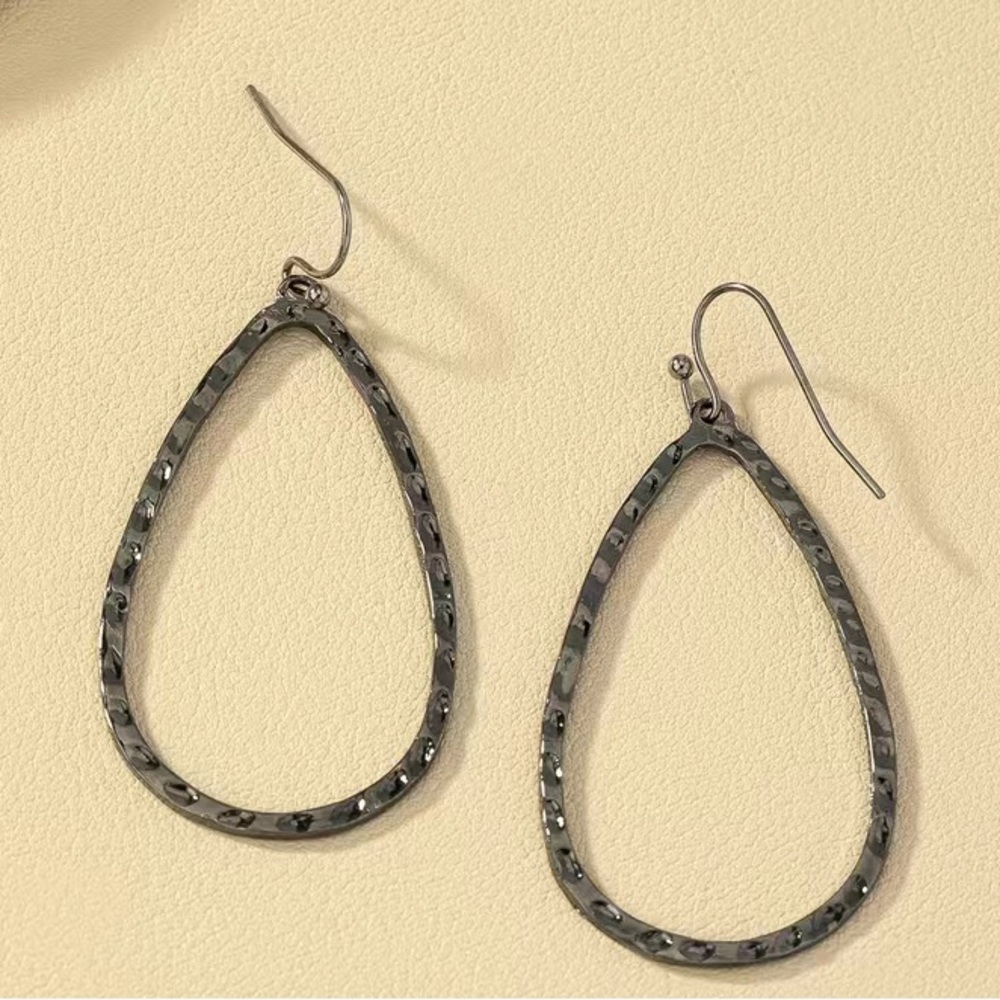Gunmetal Black Pounded Metal Dangle Drop Earrings